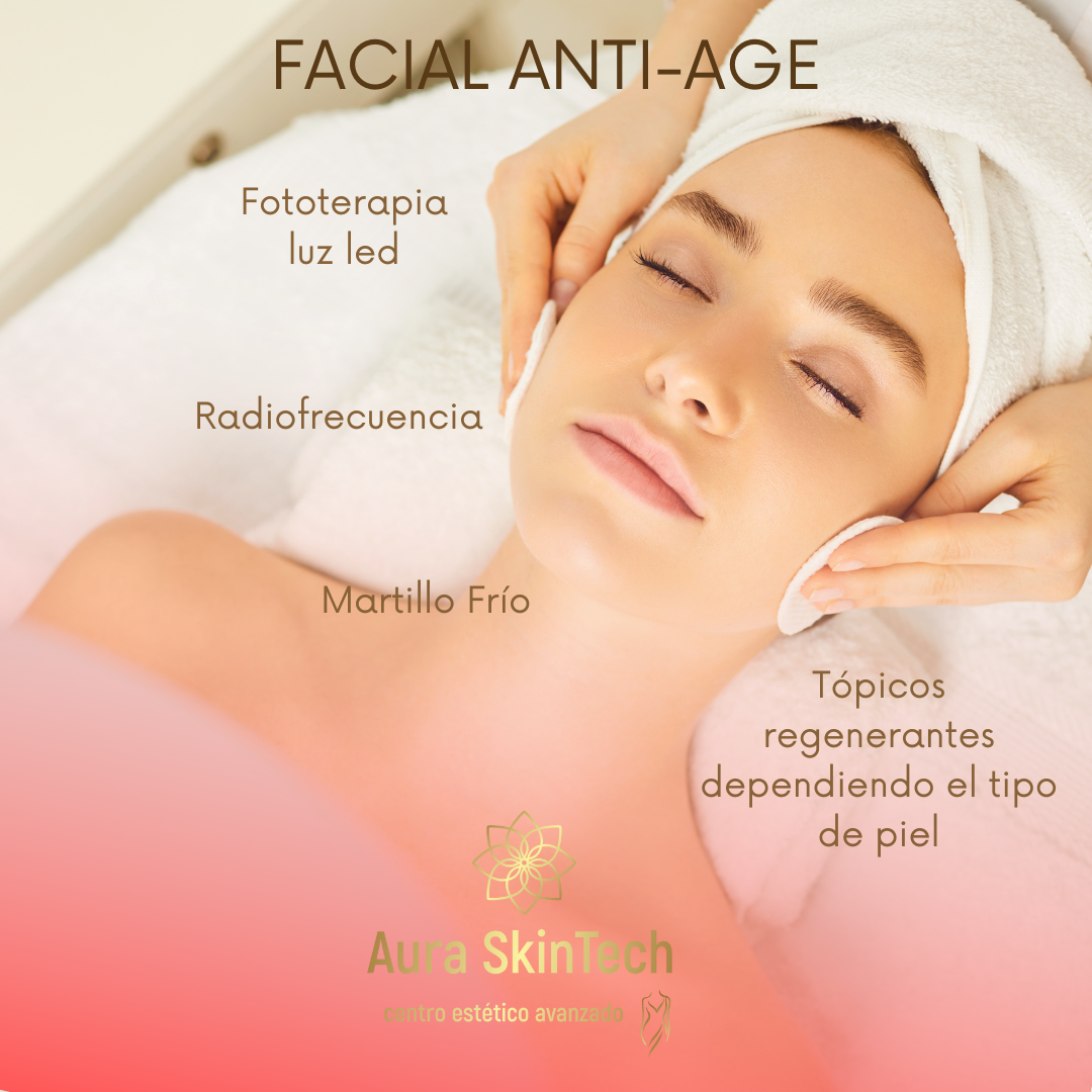 Facial Anti-Age (Radiofrecuencia facial, Martillo frío, Fototerapia)